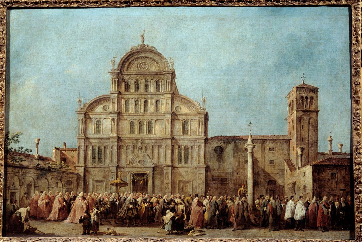 Procesja doży Wenecji do kościoła San Zaccaria w Wielkanoc (1763). Obraz Francesco Guardi (1712-1793), około 1766-1770. Olej na płótnie. Wymiary: 0,67 x 1,01m. - Procesja Doży Wenecji w kościele San Zaccaria, na E autorstwa Francesco Guardi