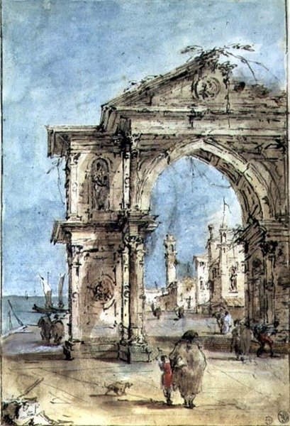 Łuk Triumfalny na nabrzeżu (pióro i brązowy tusz, wash, akwarela, podkreślony bielą) autorstwa Francesco Guardi