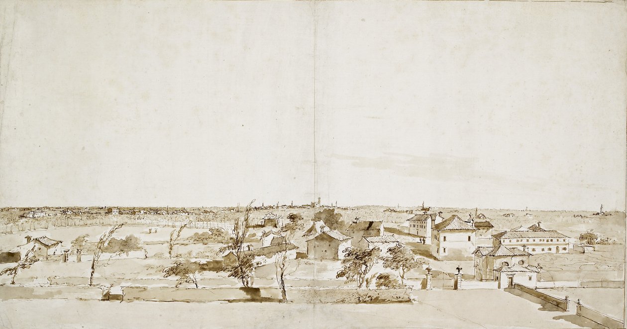 Widok na ogród willi Loredan (pióro i brązowy tusz z brązowym rozmyciem na białym papierze) autorstwa Francesco Guardi