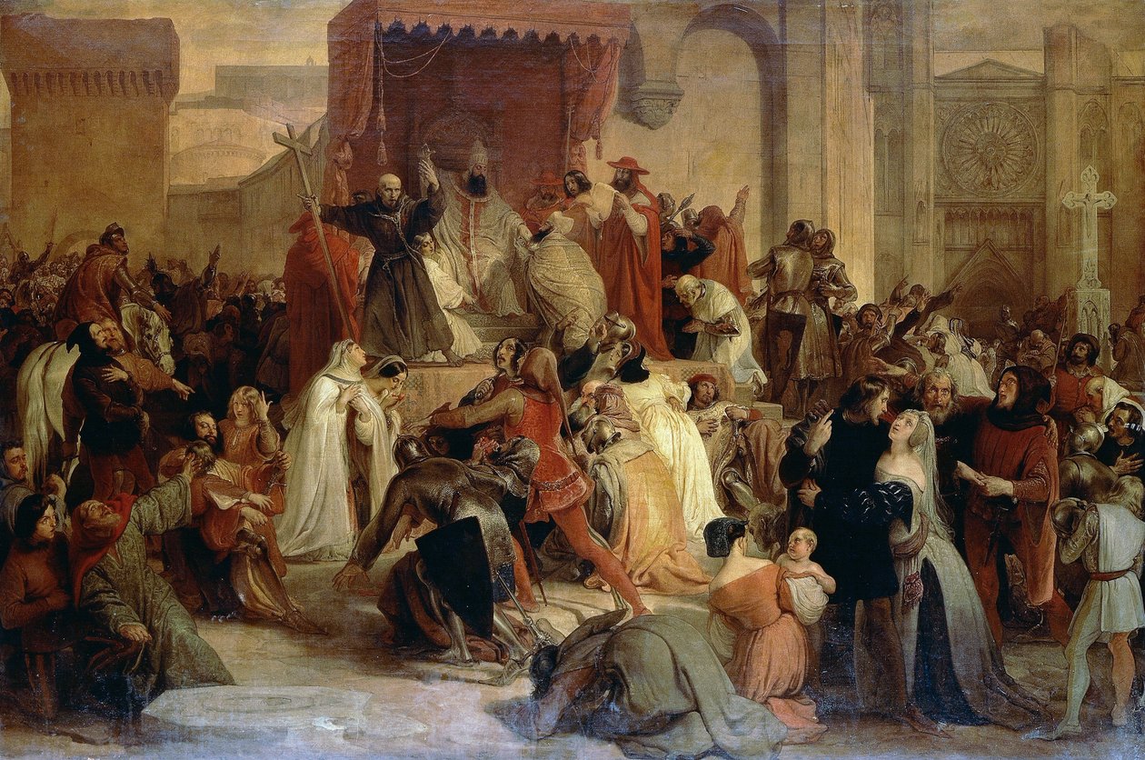 Papież Urban II głosił pierwszą krucjatę na placu w Clermont autorstwa Francesco Hayez