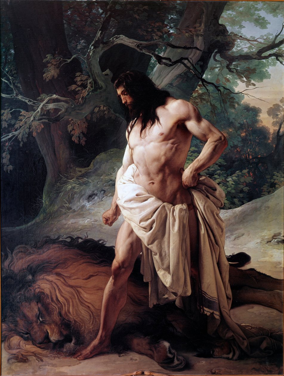 Samson ogląda lwa, którego właśnie zabił gołymi rękami (olej na płótnie) autorstwa Francesco Hayez
