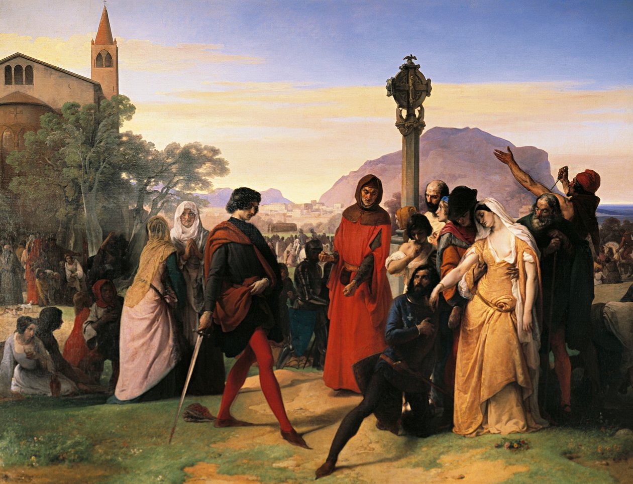 Sycylijskie Nieszpory, oblubienica Ruggiero Mastrangelo z Palermo znieważona przez francuskiego Droetta zostaje pomszczona jego śmiercią autorstwa Francesco Hayez