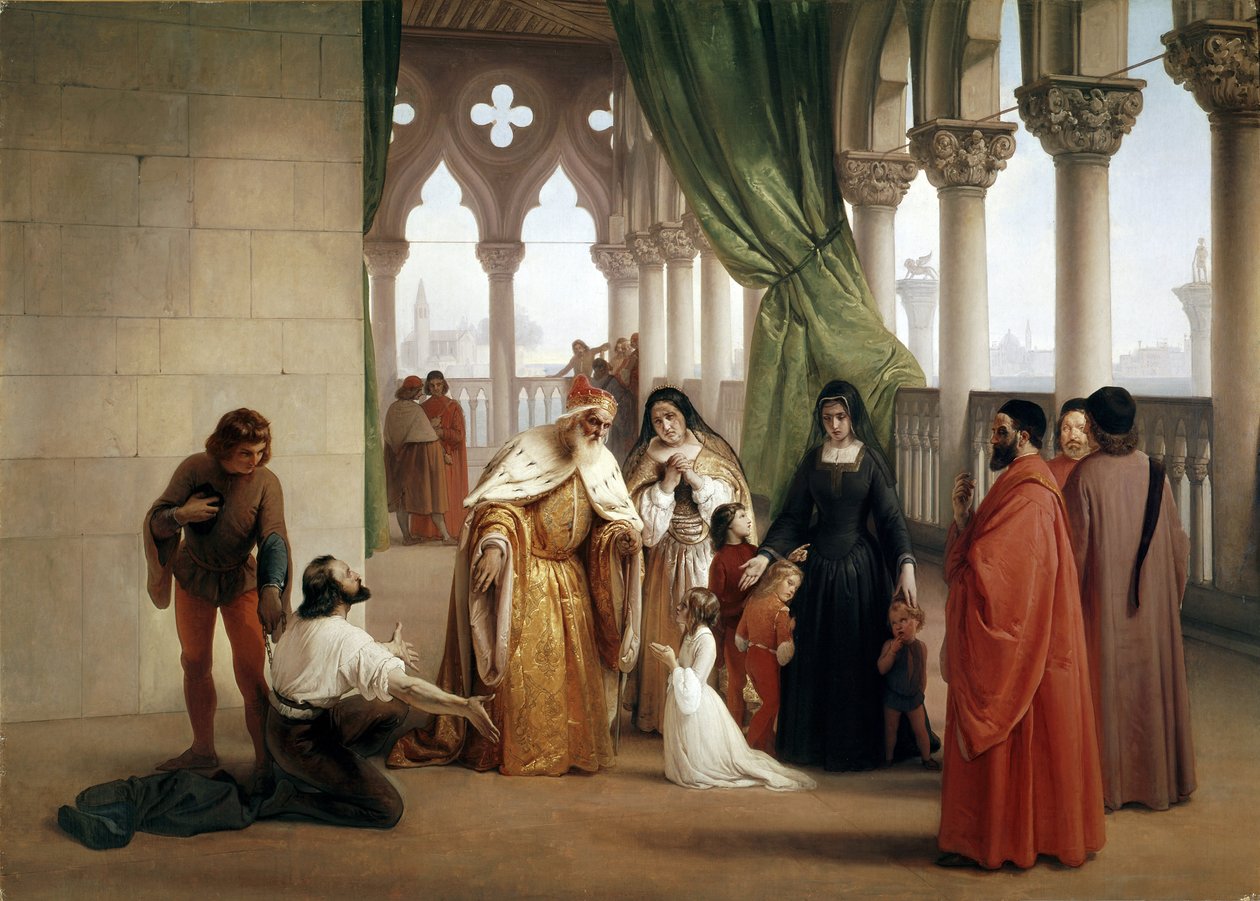 Dwóch Foscari: Francesco Foscari, Doża Wenecji wygnający swojego syna Jacopo pod zarzutem zdrady w korespondencji na wygnaniu (olej na płótnie, ok. 1852) autorstwa Francesco Hayez