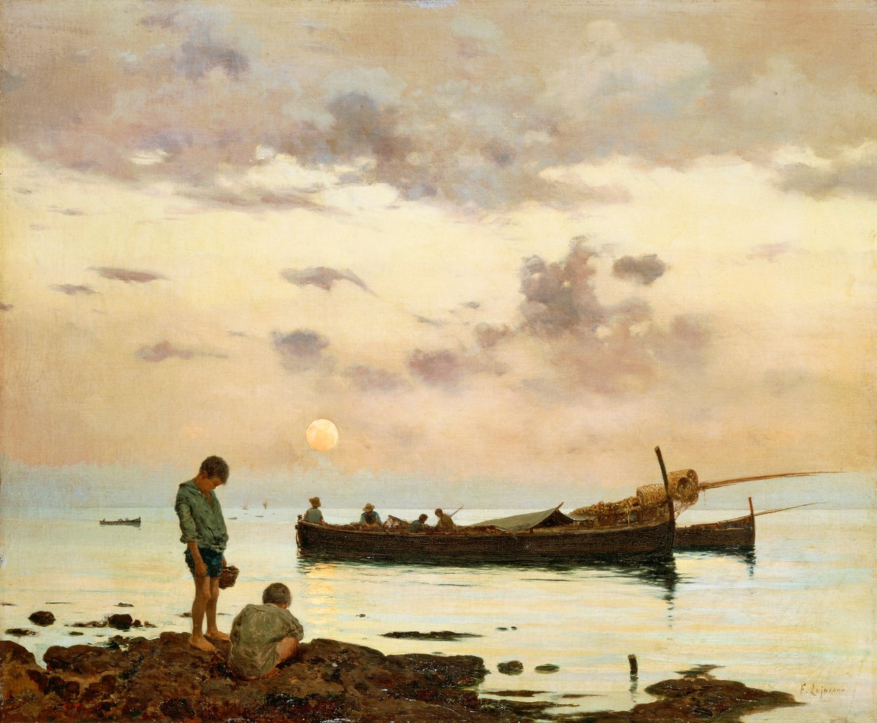 Marina z łodzią rybacką i chłopcami, Francesco Lojacono (1838-1915), olej na płótnie, 64x77 cm autorstwa Francesco Lojacono