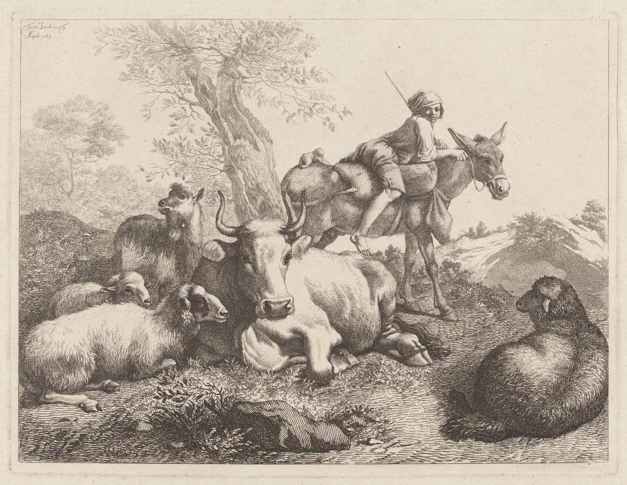 Chłopiec na osiołku czuwający nad grupą zwierząt, 1763. autorstwa Francesco Londonio