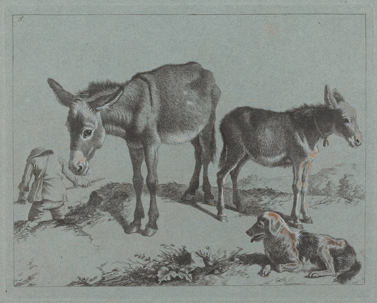 Osioł ze swoim źrebakiem, psem i chłopem, 17621763. autorstwa Francesco Londonio