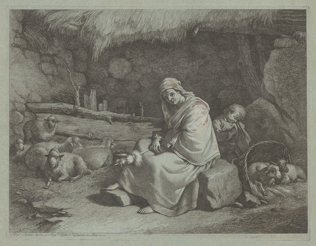 Wnętrze stajni z siedzącą przędzarką i śpiącym dzieckiem, 17591782. autorstwa Francesco Londonio