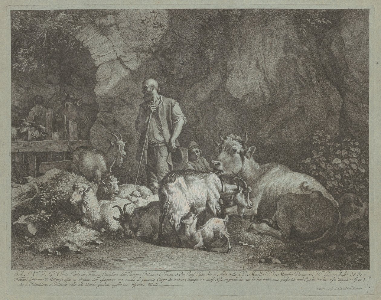 Stary, łysy pasterz, siedzący pasterz i stado, po 1766 r. autorstwa Francesco Londonio