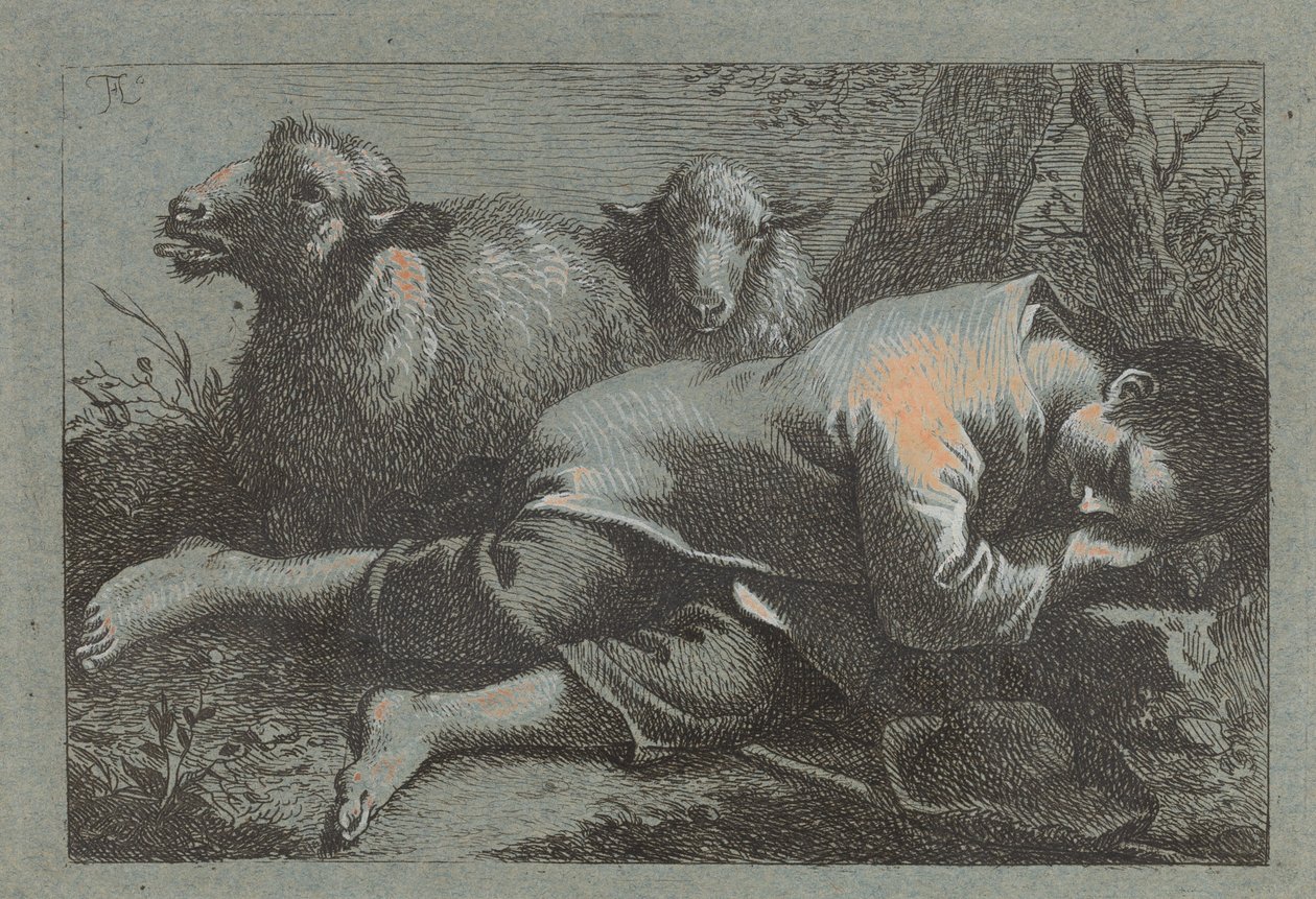 Chłop śpi obok dwóch owiec, 17581759. autorstwa Francesco Londonio