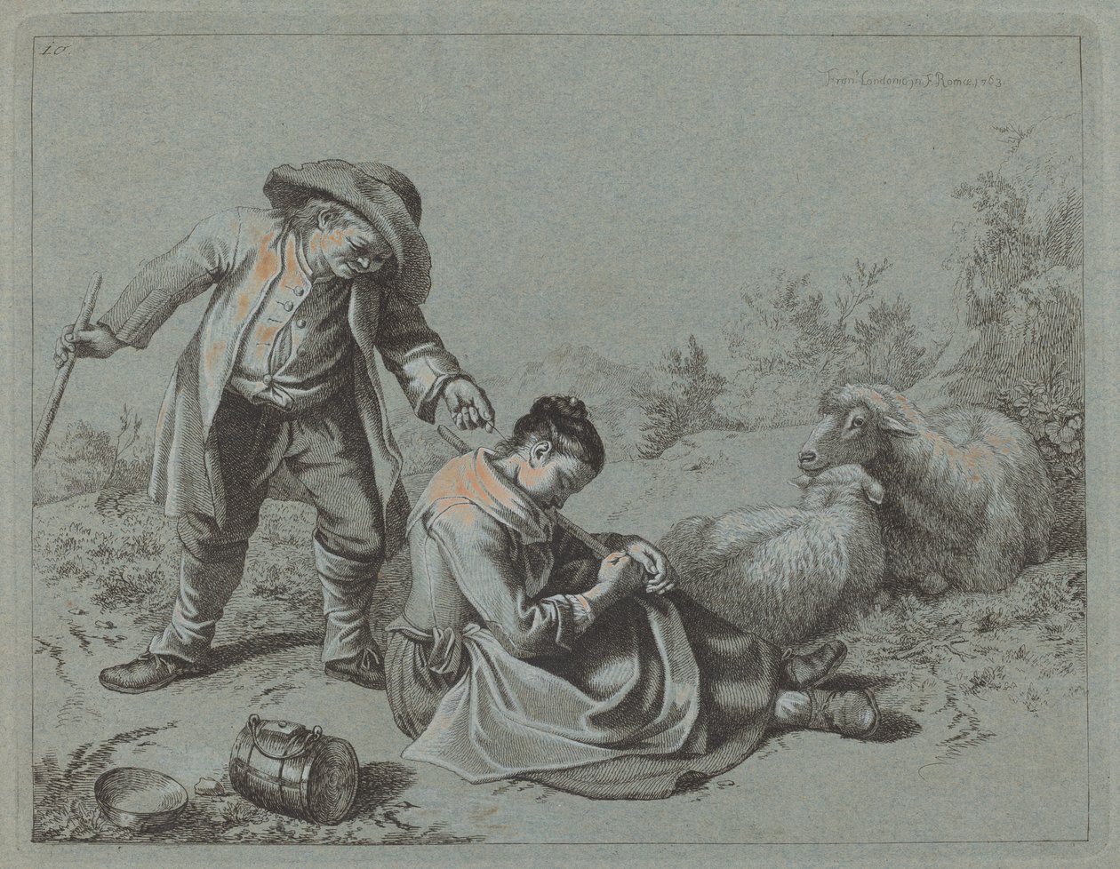 Chłop drażni śpiącą dziewczynę gałązką, 1763. autorstwa Francesco Londonio
