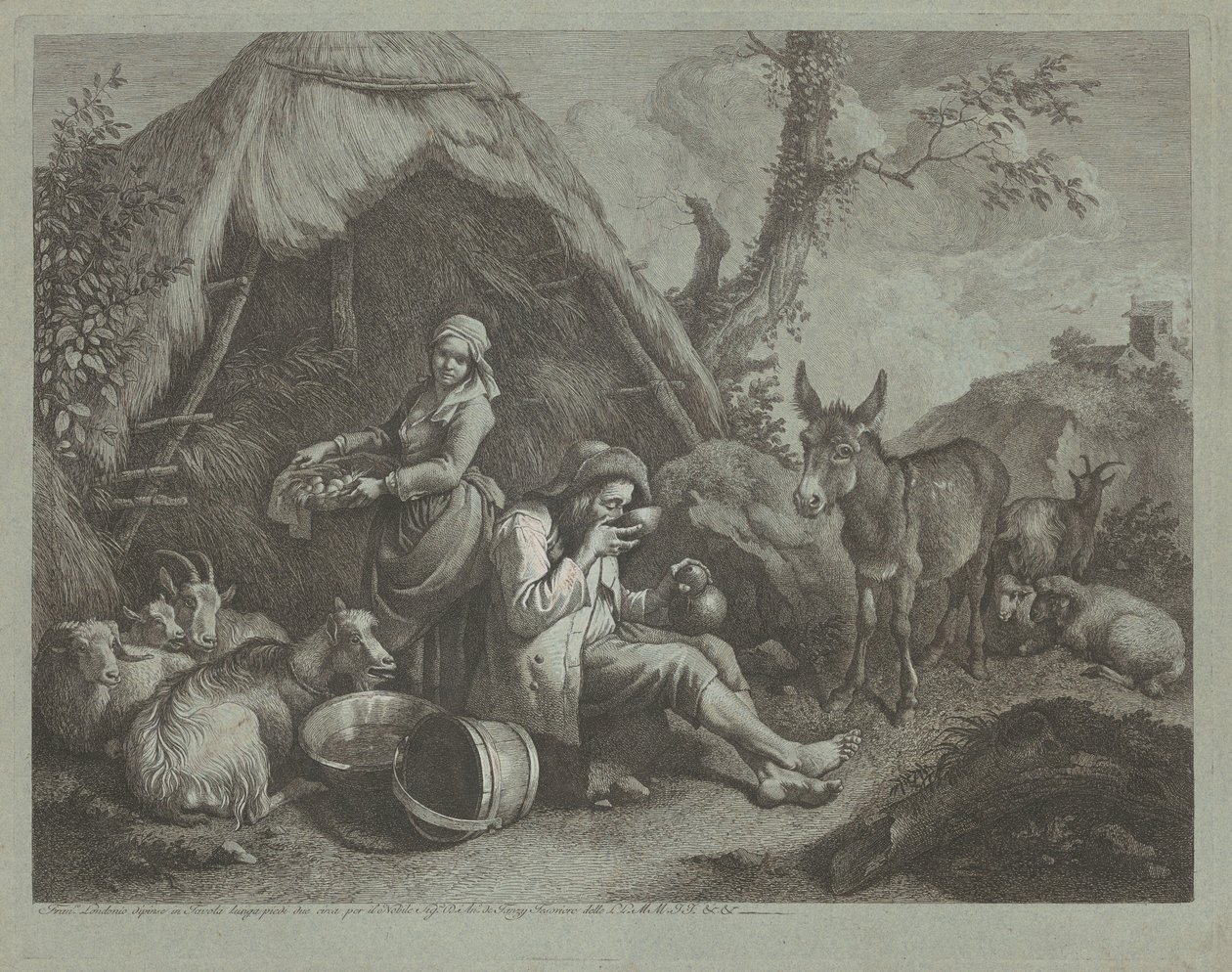 Siedzący staruszek i kobieta z koszem jajek, 17591782. autorstwa Francesco Londonio