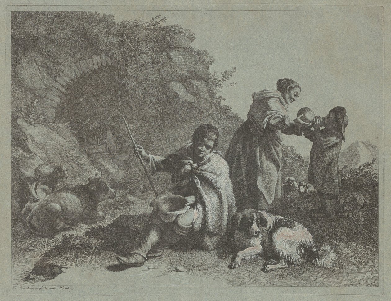 Siedzący pasterz i kobieta dające drinka dziecku, 17591782. autorstwa Francesco Londonio