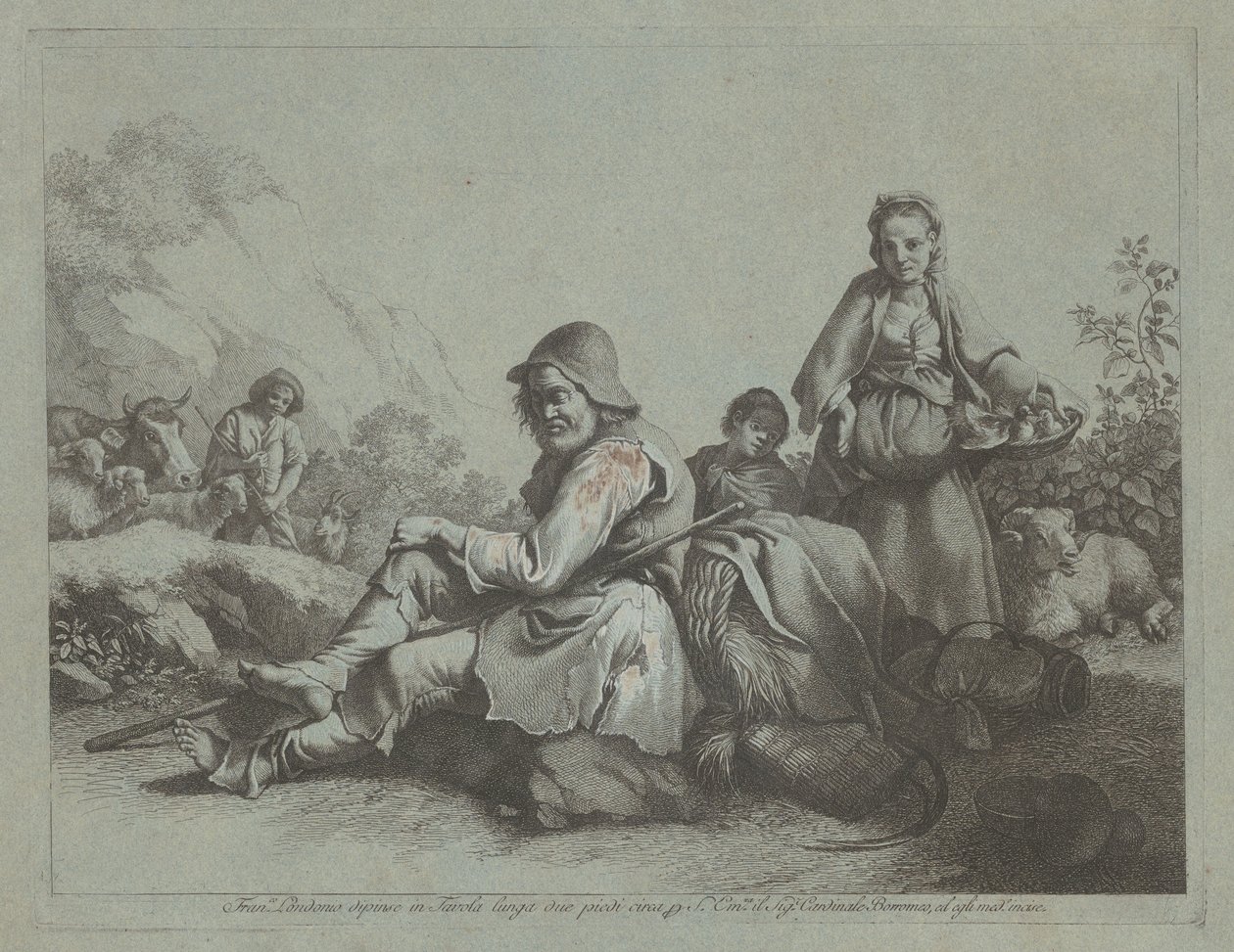 Siedzący pasterz i wieśniaczka z koszem, 17591782. autorstwa Francesco Londonio