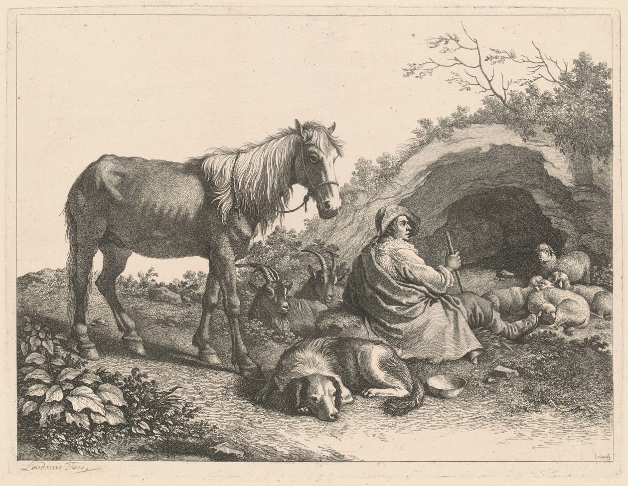Siedzący pasterz z koniem, psem, kozami i owcami, po 1776 r. autorstwa Francesco Londonio