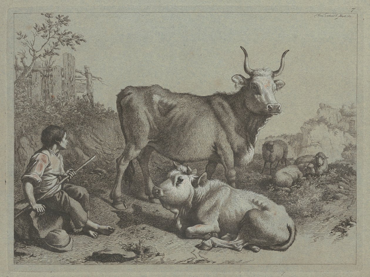 Siedzący pasterz z bykiem i bykiem, 1763. autorstwa Francesco Londonio