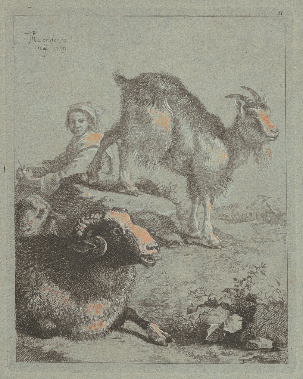 Siedząca pasterka, baran, owca i koza, 1759. autorstwa Francesco Londonio