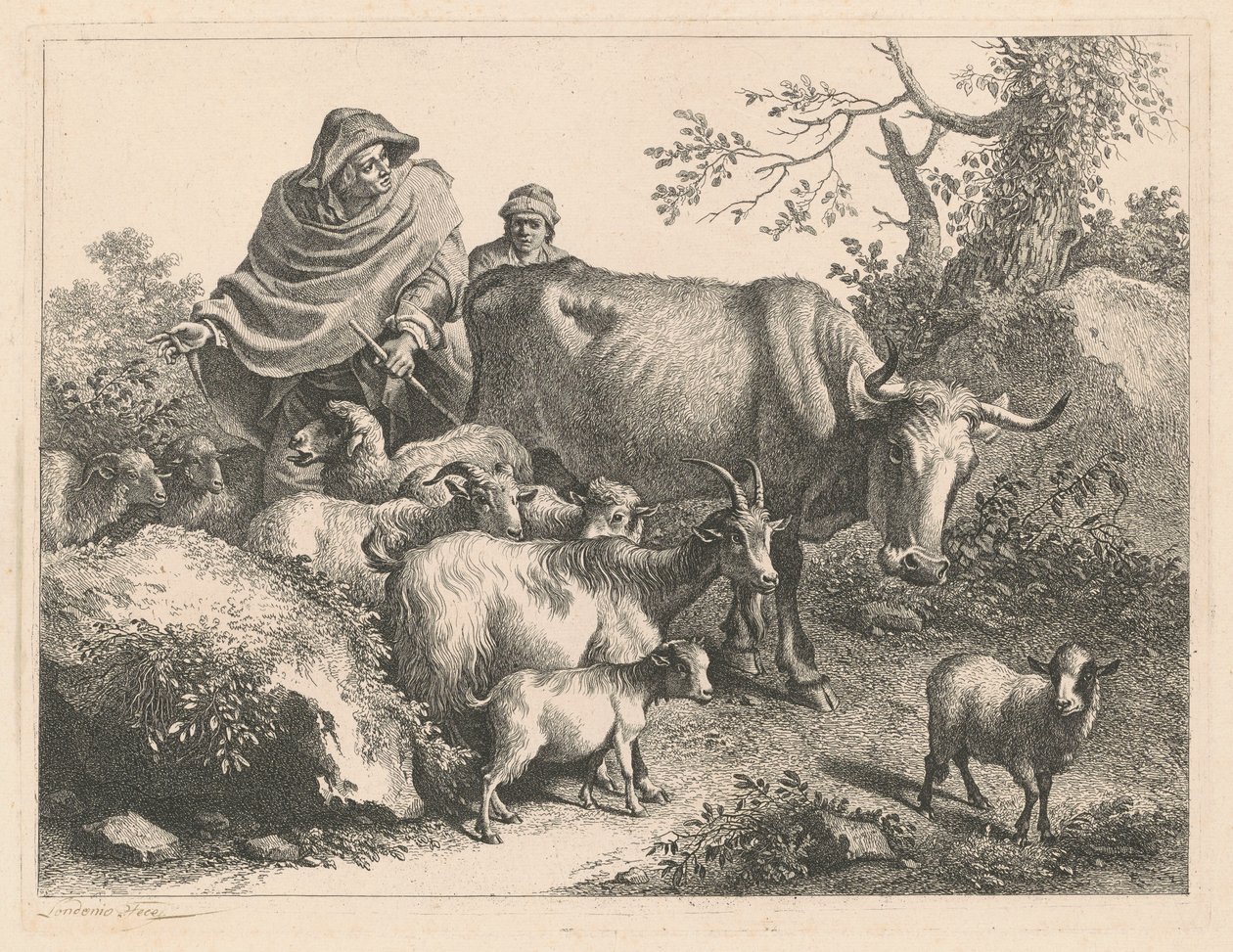 Pasterz w pelerynie prowadzący stado, po 1776 r. autorstwa Francesco Londonio