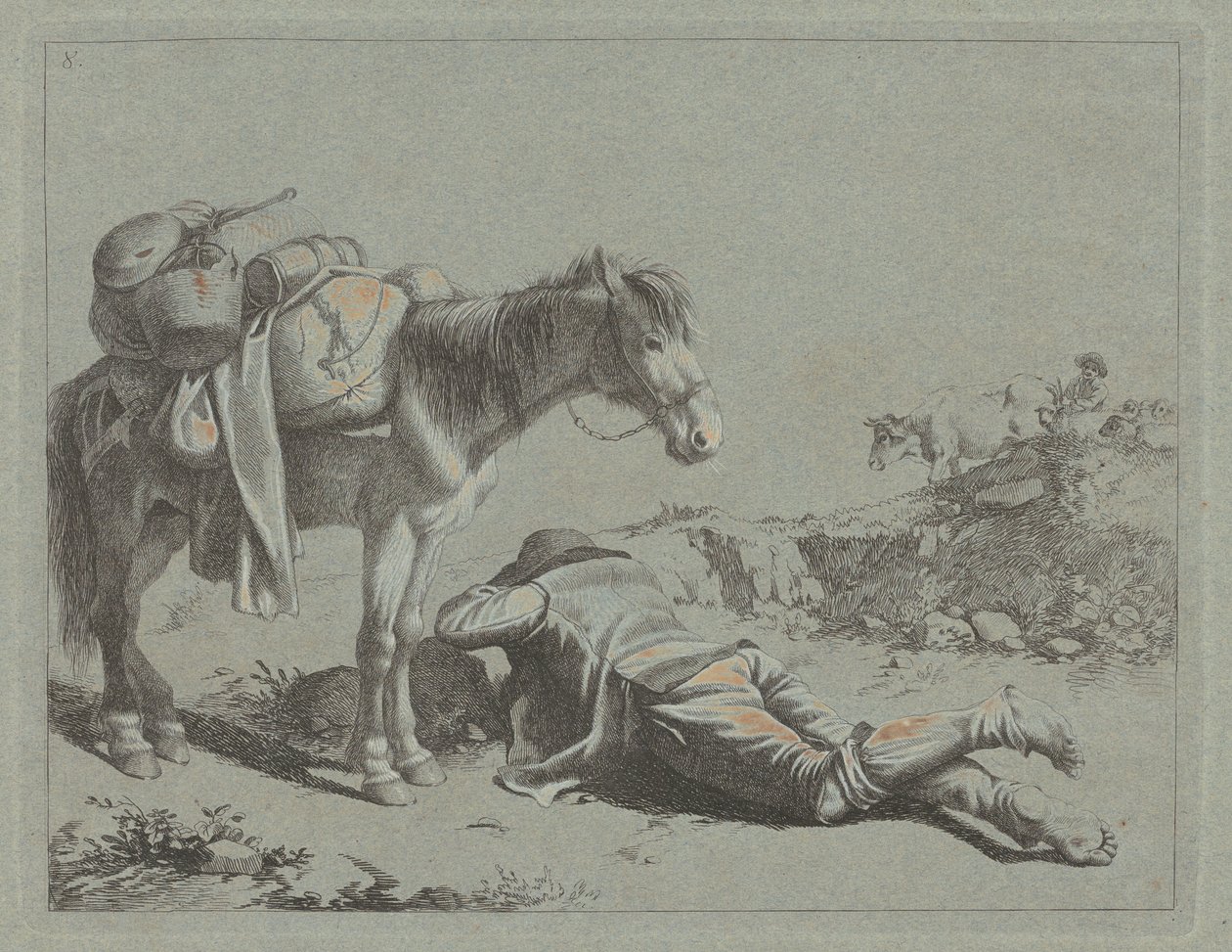 Pasterz w spoczynku w pobliżu jucznego konia, 1762. autorstwa Francesco Londonio