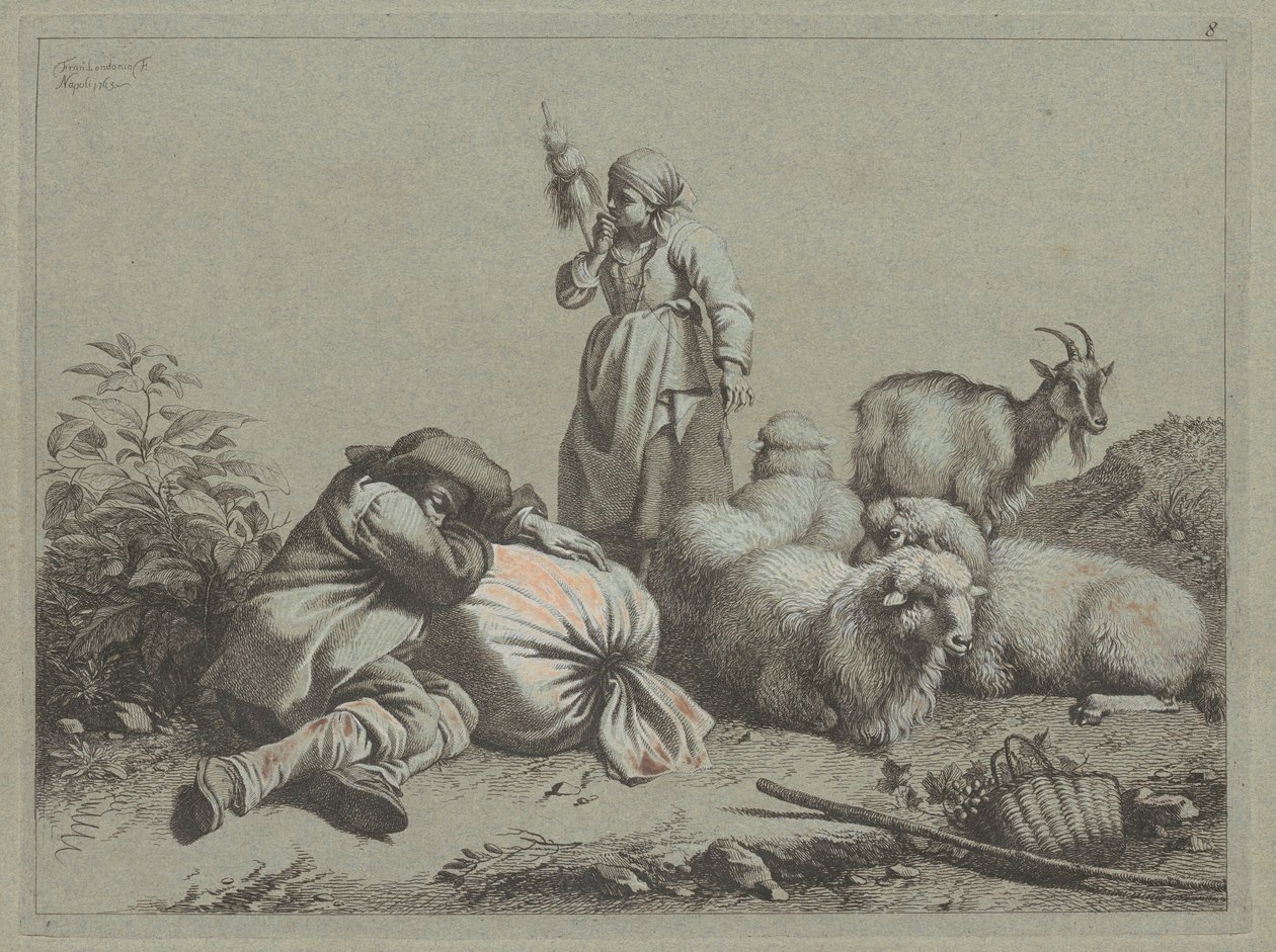 Śpiący chłop i stojący prządka, 1763. autorstwa Francesco Londonio