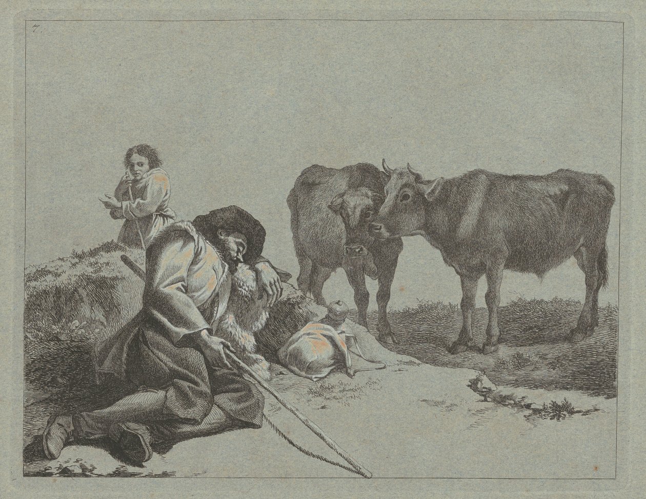 Śpiący pasterz, dwa cielęta i wieśniaczka, 17621763. autorstwa Francesco Londonio
