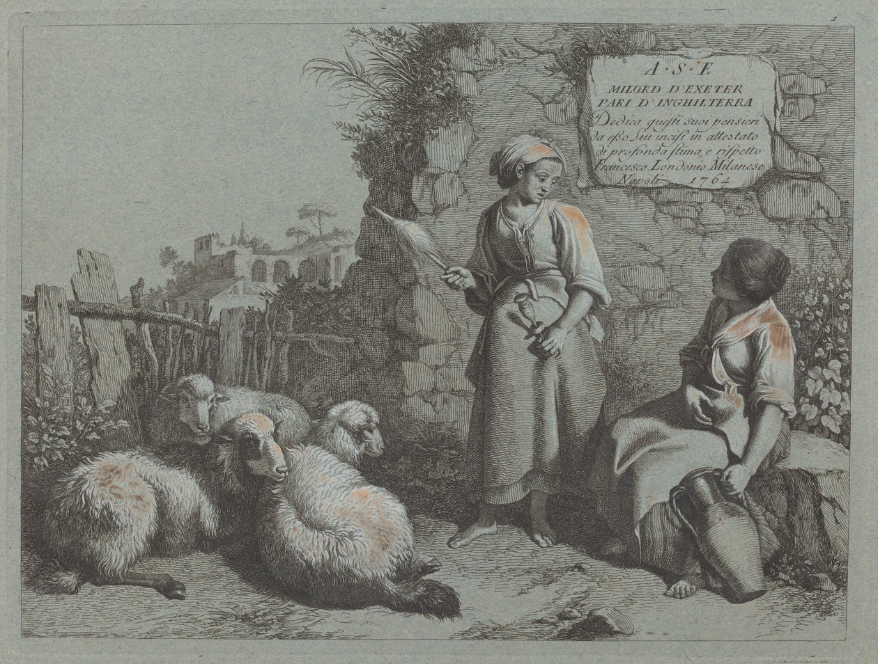 Dwie rozmawiające dziewczyny: jedna stojąca i wirująca, 1764. autorstwa Francesco Londonio