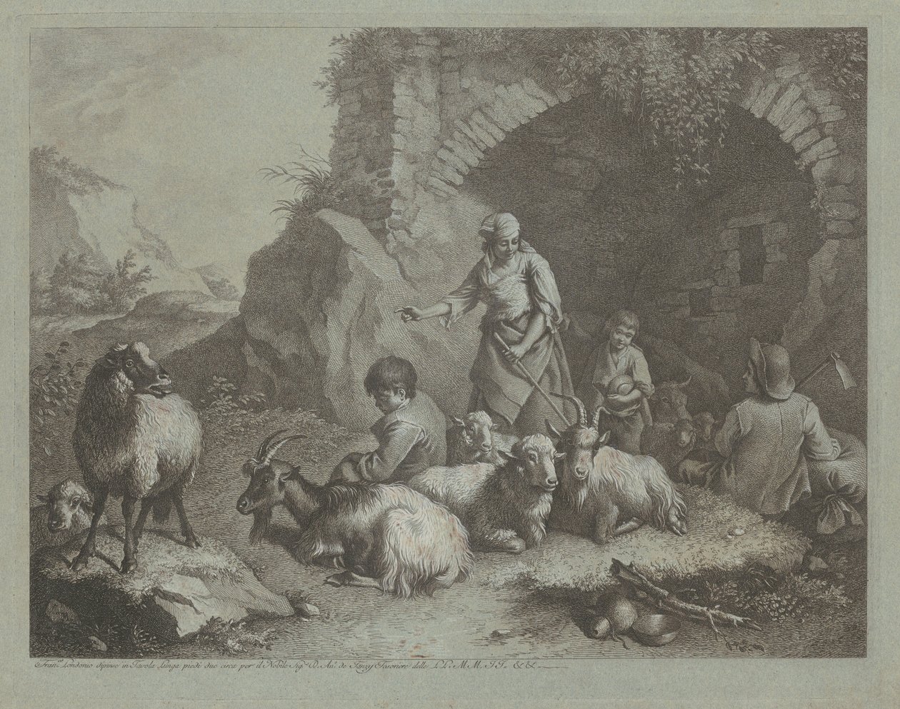 Kobieta, pasterze i owce w pobliżu łuku, 17591782. autorstwa Francesco Londonio