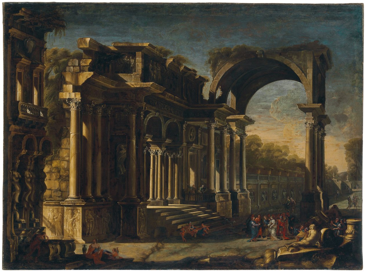 Capriccio z rzymskimi ruinami i Chrystusem z kobietą przyłapaną na cudzołóstwie autorstwa Francesco Maglioli