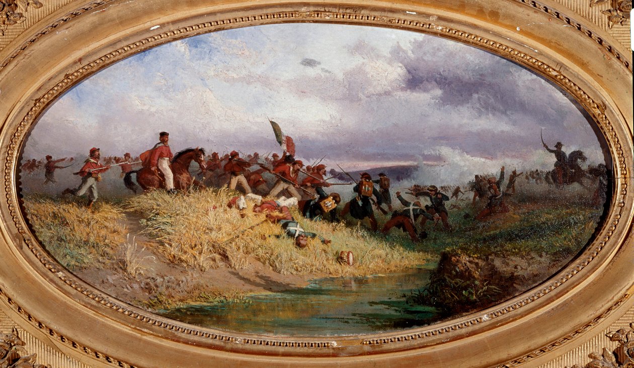 Risorgimento: „”Włoski patriota Giuseppe Garibaldi przepływa przez rzekę Volturno”” Scena bitwy pod Volturno podczas wyprawy Tysiąca (lub Czerwonych Koszul) w październiku 1860 r. Obraz Francesco Manciniego (1830-1905) Neapol, Museo Nazionale di autorstwa Francesco Mancini