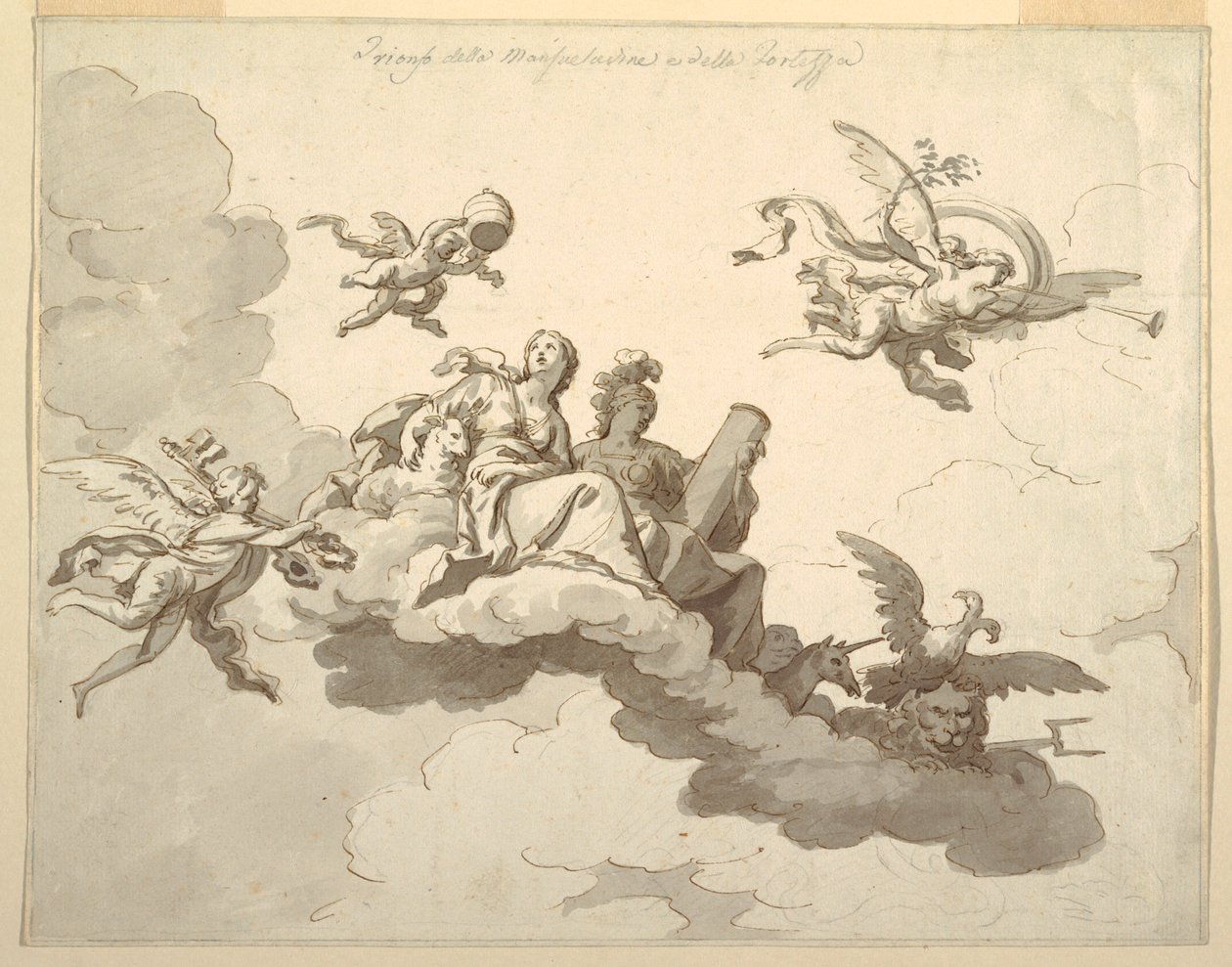 Rysunek, projekt malowanego sufitu: Triumf łagodności i siły, ok. 1780 r. autorstwa Francesco Manno