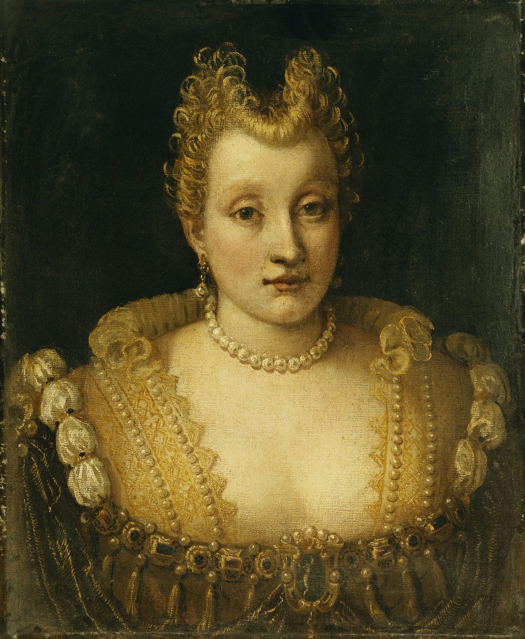 Portret damy z rodziny Contarini, długość biustu, ubrana w wyszukaną sukienkę z klejnotami oraz naszyjnik z pereł i kolczyki, autorstwa Francesco Montemezzano