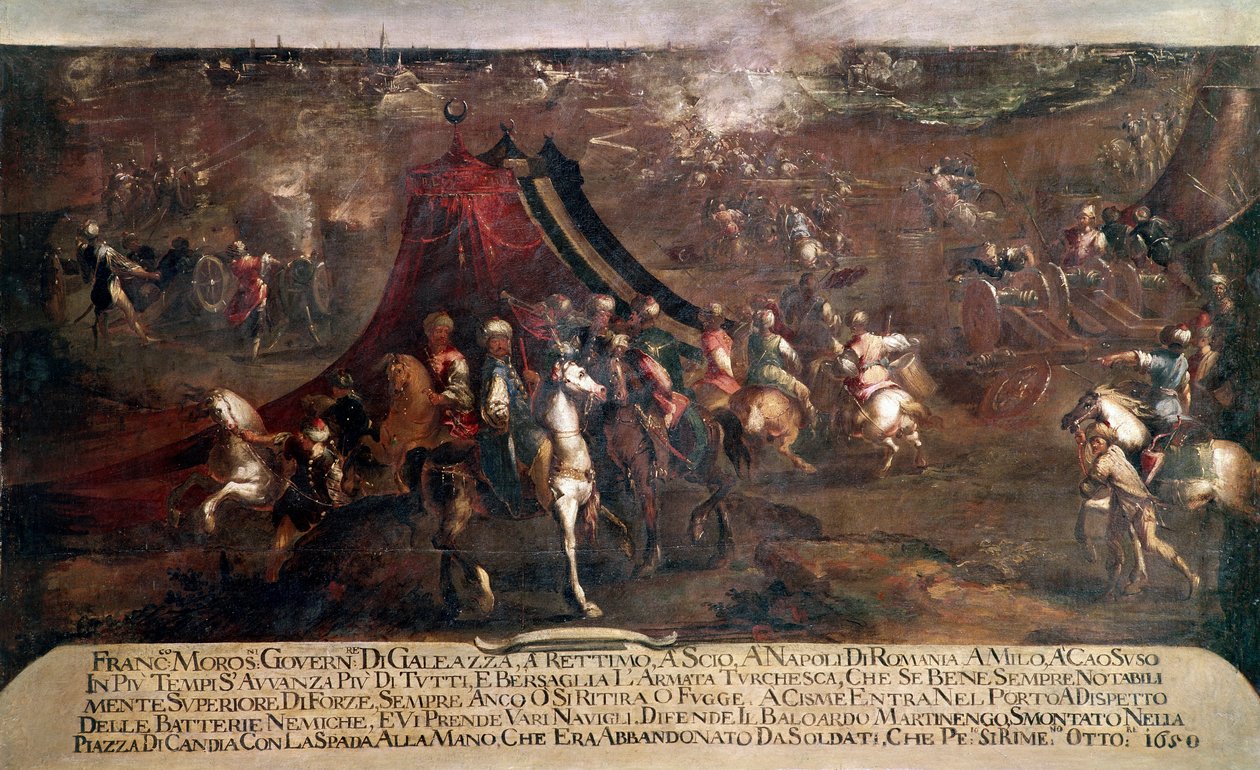 Wojna o Candia (Kreta): „”bitwa pomiędzy flotą wenecką Francesco Morosiniego (1619-1694) a flotą turecką uciekającą w 1650”””(Wojna kreteńska (1645-69): bitwa pomiędzy flotą wenecką a turecką w 1650) Obraz Francesco Montiego dit il Bresciani autorstwa Francesco Monti