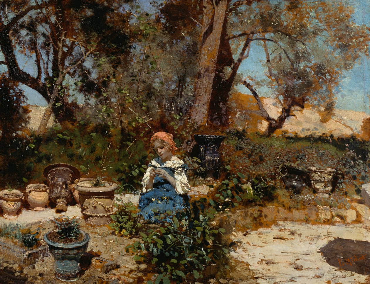 Dziewczyna w ogrodzie, Francesco Paolo Michetti (1851-1929), olej na desce, 27x36 cm autorstwa Francesco Paolo Michetti