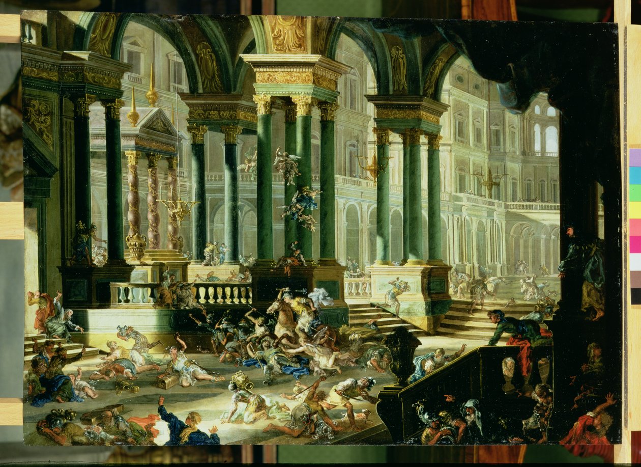 Wypędzenie Heliodora ze Świątyni Salomona (olej na miedzi) autorstwa Francesco Peresi