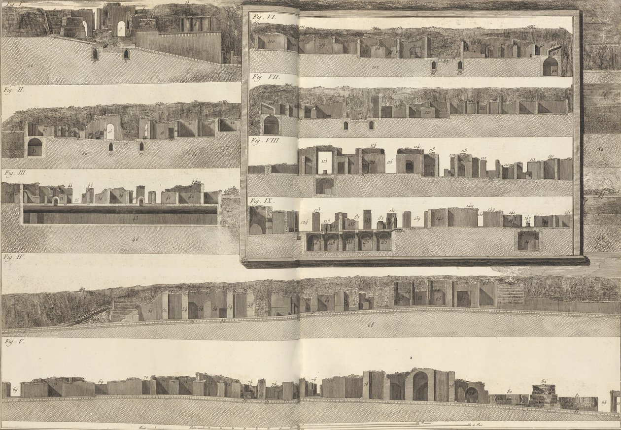 Przekroje, które ukazują różne aspekty budowli ukazanych na planie Pom..., 1804 r. autorstwa Francesco Piranesi