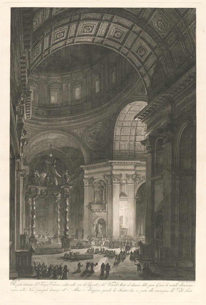 Wnętrze Bazyliki Św. Piotra z iluminacją Krzyża Św. Piotra autorstwa Francesco Piranesi