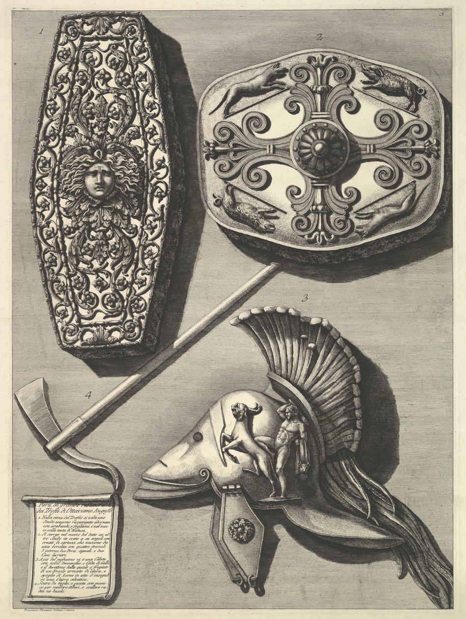 Części w dużym odrestaurowanym Trofei de Ottaviano Augusto Odrestaurowany detal Tro ..., ca. 1753. autorstwa Francesco Piranesi