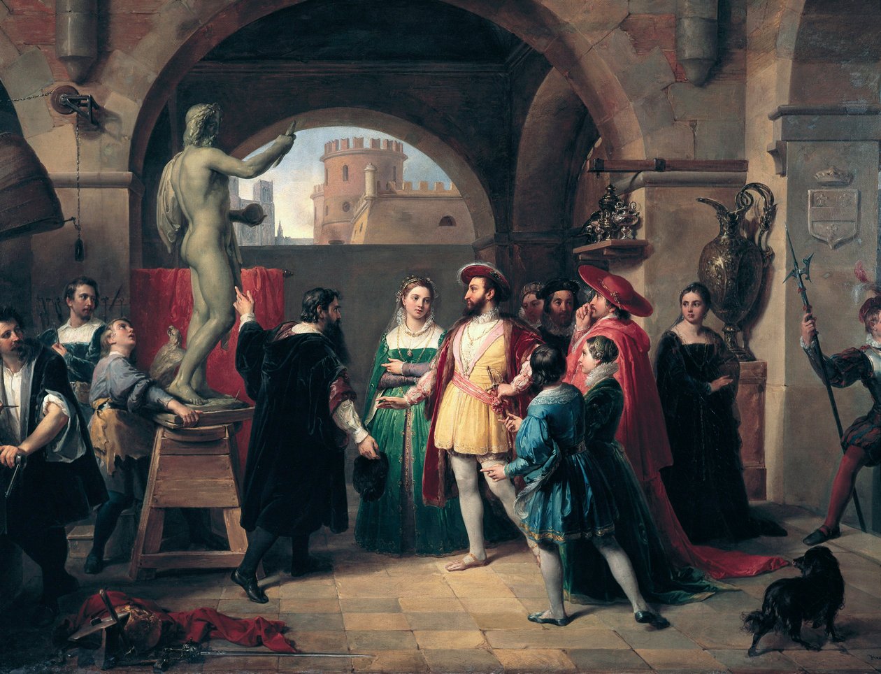 Król Francji Franciszek I (1494-1547) odwiedza pracownię Buenvenuto Celliniego (1500-1571) w Rzymie. Malarz przedstawia królowi rzeźbę obrazu św. Jana Ewangelisty Anonimowego. Roma, Galleria Nazionale d