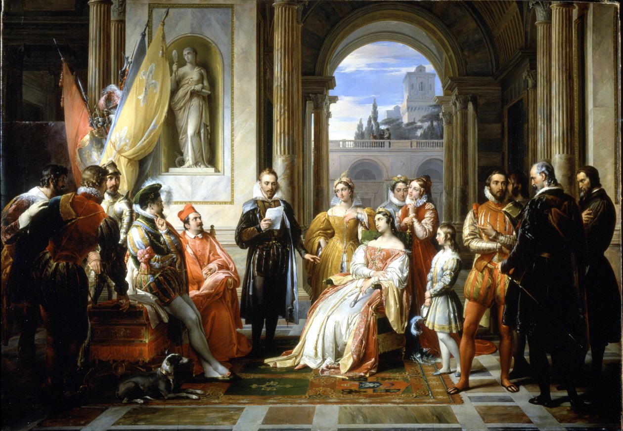 Torquato Tasso (Le Muche) czytający swoją Jerozolimę delivree (Wyzwoloną Jerozolimę) na dworze Ferrary. Malarstwo Francesco Podesti (1800-1895) autorstwa Francesco Podesti