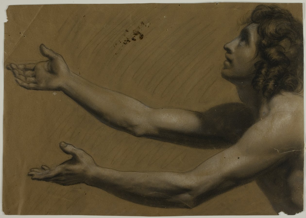Młody mężczyzna patrzący w górę z wyciągniętymi ramionami (recto); kobieta trzymająca lustro (verso) autorstwa Francesco Podesti