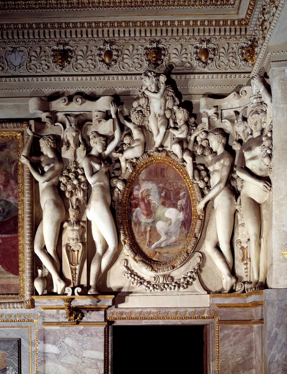 Architektura: fragment pokoju Anne de Pisseleu księżnej Etampes (1508-1580), ulubionej przez Franciszka I, na zamku Fontainebleau zwanym Królewskimi Schodami. Zrealizowany przez Francesco Primaticcio dit Le Primatice (1504-1570) 1541 Fontainebleau, mu autorstwa Francesco Primaticcio