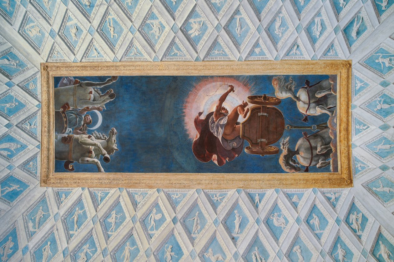 Komora Słońca i Księżyca (Camera del Sole e della Luna): rydwany Słońca i Księżyca prowadzone przez Dianę i Apolla autorstwa Francesco Primaticcio
