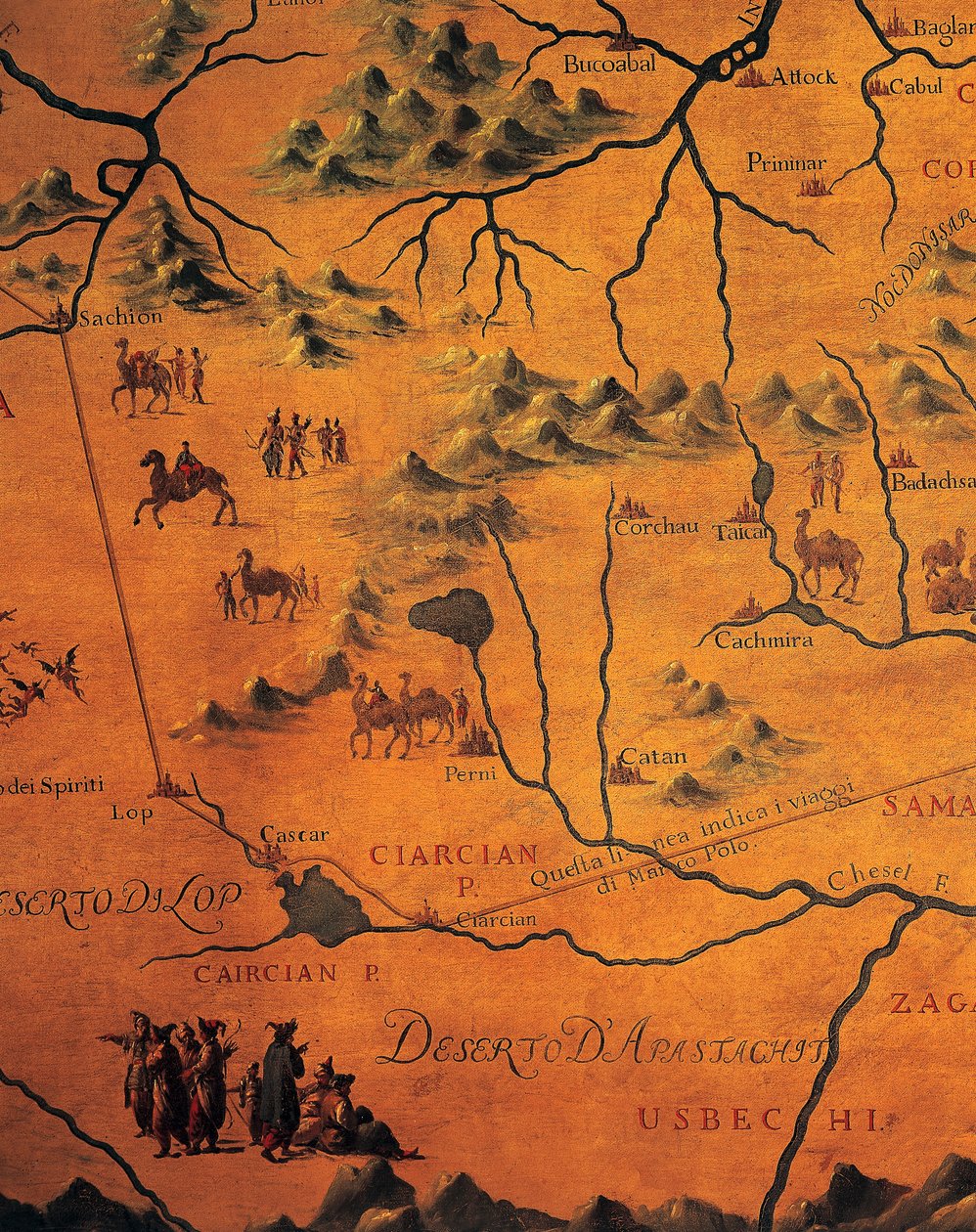 Szczegóły trasy Marco Polo przez wschodnie pustynie, mapa Tartary autorstwa Francesco and Ramusio Giovan Battista Grisellini