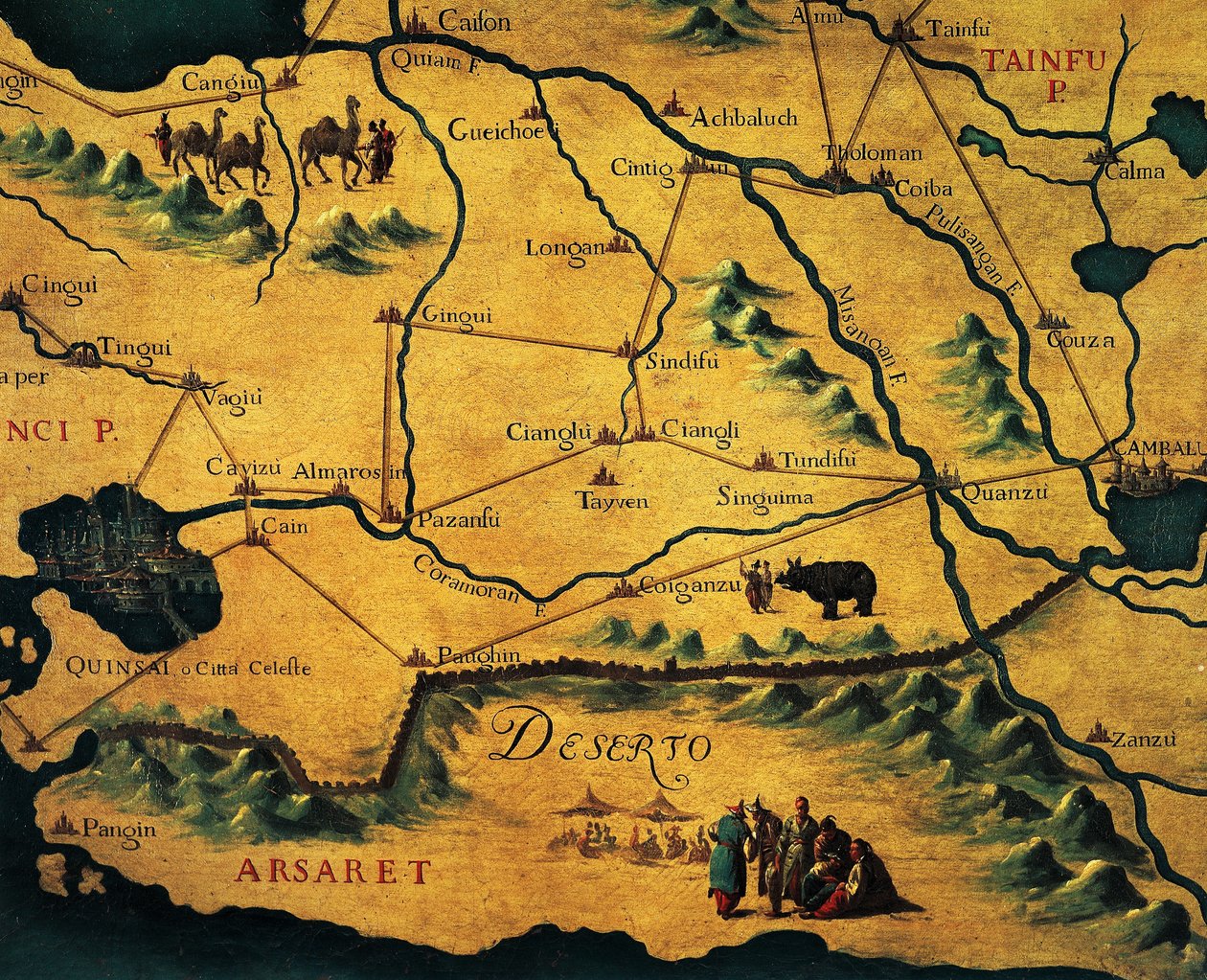 Trasa Marco Polo przez wschodnie pustynie, mapa Tartary autorstwa Francesco and Ramusio Giovan Battista Grisellini