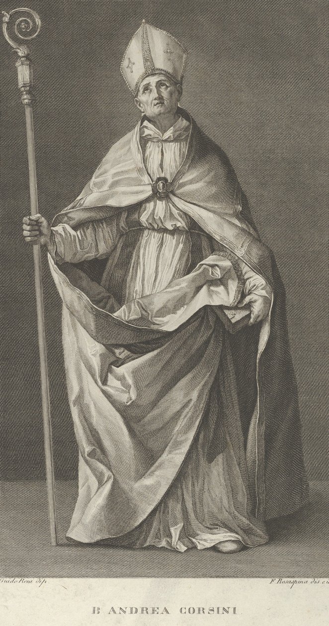 Św. Andrea Corsini przebrany za biskupa Fiesole, trzymający pastorał i patrzący..., ca. 1780-1841. autorstwa Francesco Rosaspina