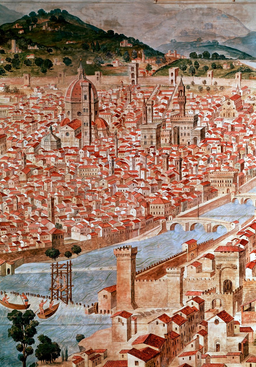 Pianta della Catena Fragment mapy miasta Florencji zwanego „Catena” ze względu na ramę mapy w kształcie łańcucha. Zrealizowany przez Francesco di Lorenzo Rosselli (1448-1513) w 1490. Florencja, Museo Firenze com 