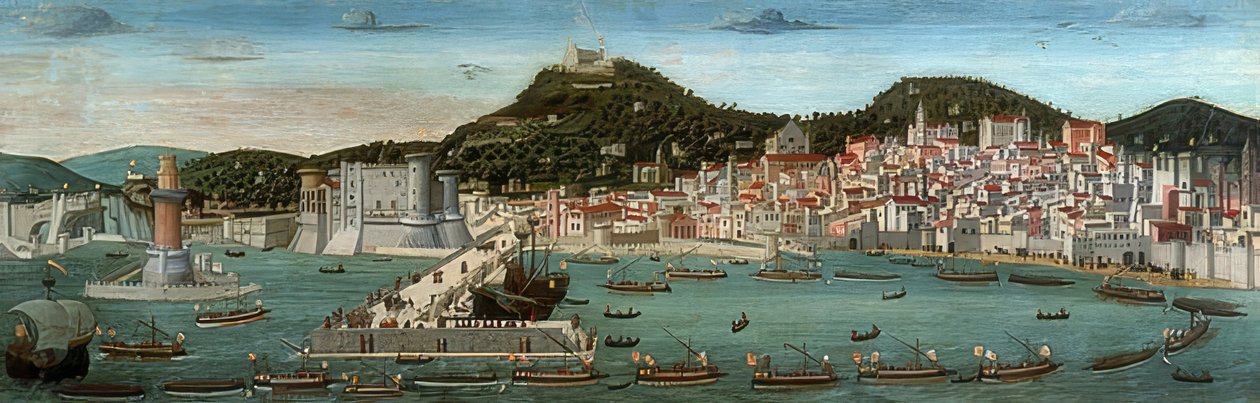 Tavola Strozziego. Widok na Neapol, flota aragońska wpłynęła do portu 12 lipca 1465 r autorstwa Francesco Rosselli
