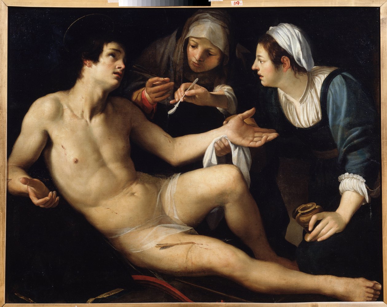 Święty Sebastian (św. Sebastian). Od ran opiekuje się nim młoda wdowa, św. Irena. Obraz Francesco Rustici (ok. 1575-1626). Olej na płótnie, 119 x 148 cm. Sztuka ze Sieny, manieryzm włoski. Państwowe Muzeum Sztuki w Jekaterynburgu. autorstwa Francesco Rustici