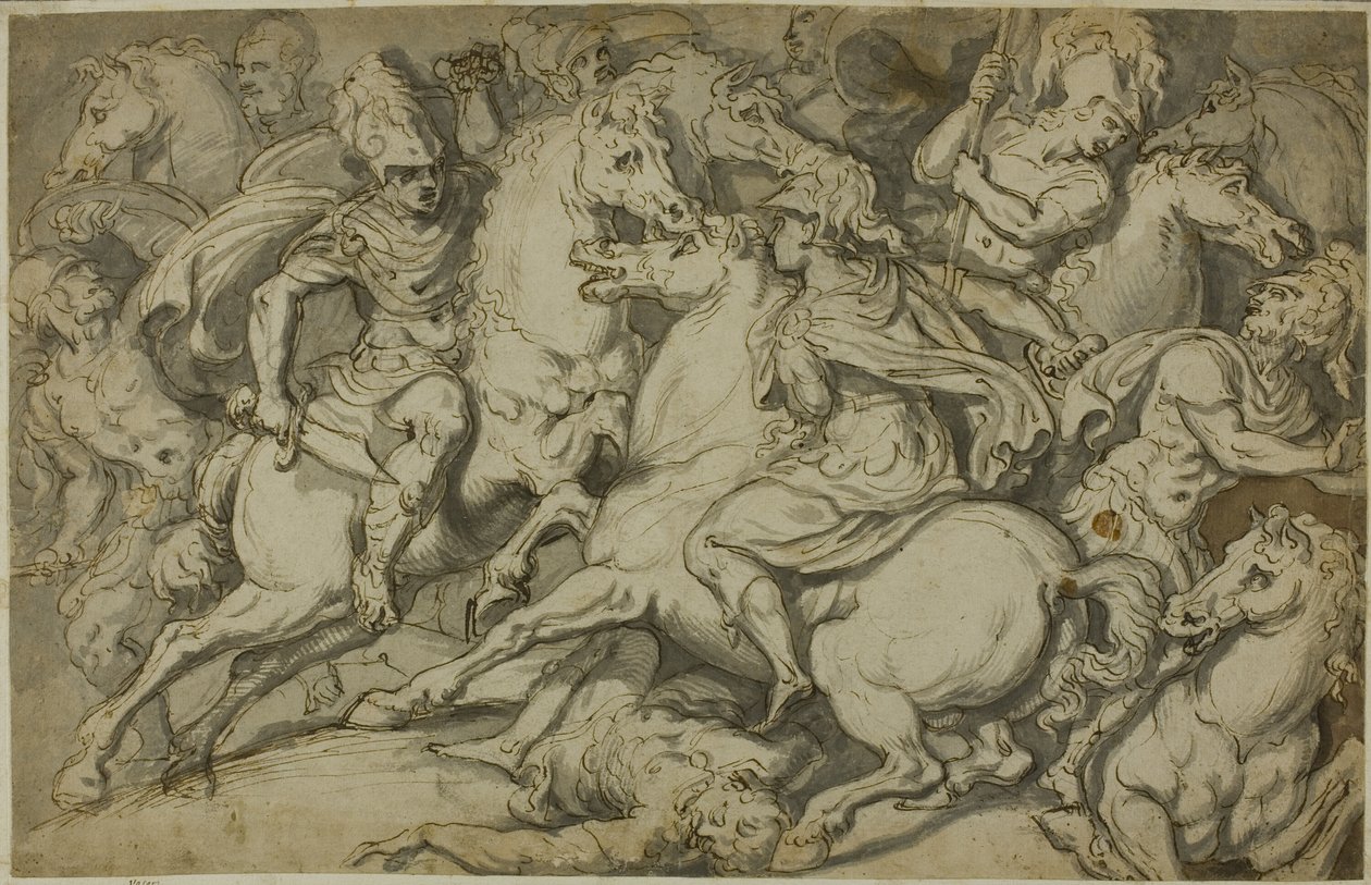 Potyczka kawalerii (recto); klęczący ekoruch (verso) autorstwa Francesco Salviati