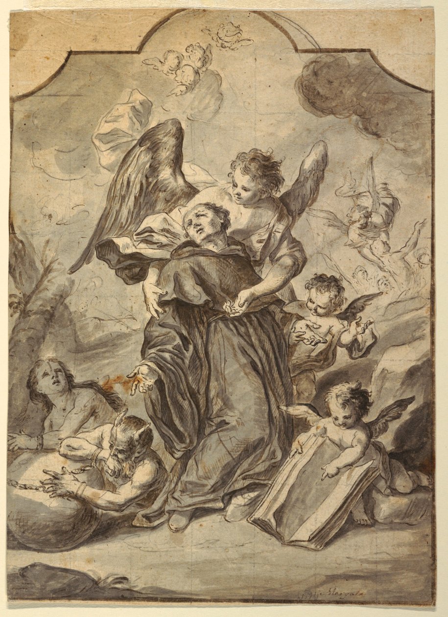 Rysunek, Wizja świętego mnicha benedyktyńskiego, 1776 r. autorstwa Francesco Saverio Mergolo
