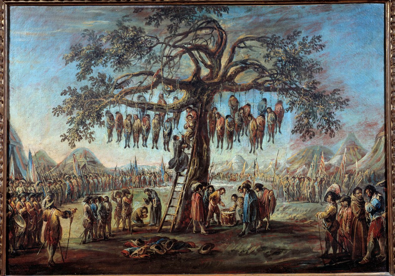 The hanged tree Makabryczny spektakl przedstawiający skazanych zamierzających torturować przez powieszenie na gałęziach drzewa. Ilustracja inspirowana rycinem z serii „Les miseres de la guerre” Jacquesa Callota (1592-1635). Obraz Francesco Simoniniego ( autorstwa Francesco Simonini
